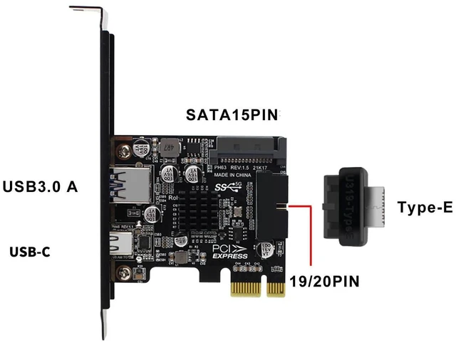 Alt view image 3 of 7 - PH63C PCIe X1 Expansion Card To USB 3 0 A USB C Type E 19 20 Pin Internal Adapter With SATA 15 Pin Power Aluminum Heatsink For Desktop PC Upgrade Windows Linux MacOS Half Height Baffle