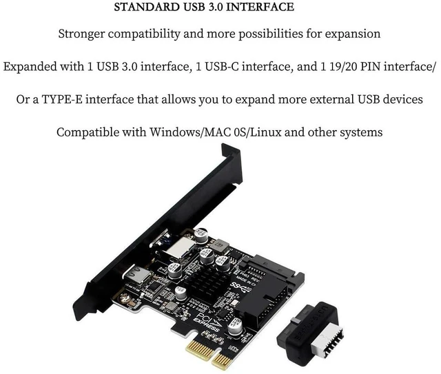 Alt view image 5 of 7 - PH63C PCIe X1 Expansion Card To USB 3 0 A USB C Type E 19 20 Pin Internal Adapter With SATA 15 Pin Power Aluminum Heatsink For Desktop PC Upgrade Windows Linux MacOS Half Height Baffle