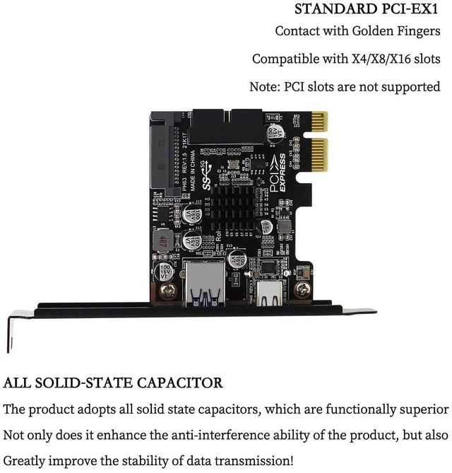 Alt view image 7 of 7 - PH63C PCIe X1 Expansion Card To USB 3 0 A USB C Type E 19 20 Pin Internal Adapter With SATA 15 Pin Power Aluminum Heatsink For Desktop PC Upgrade Windows Linux MacOS Half Height Baffle
