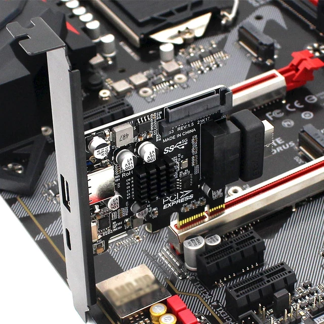 Alt view image 6 of 7 - PH63C PCIe X1 Expansion Card To USB 3 0 A USB C Type E 19 20 Pin Internal Adapter With SATA 15 Pin Power Aluminum Heatsink For Desktop PC Upgrade Windows Linux MacOS Half Height Baffle