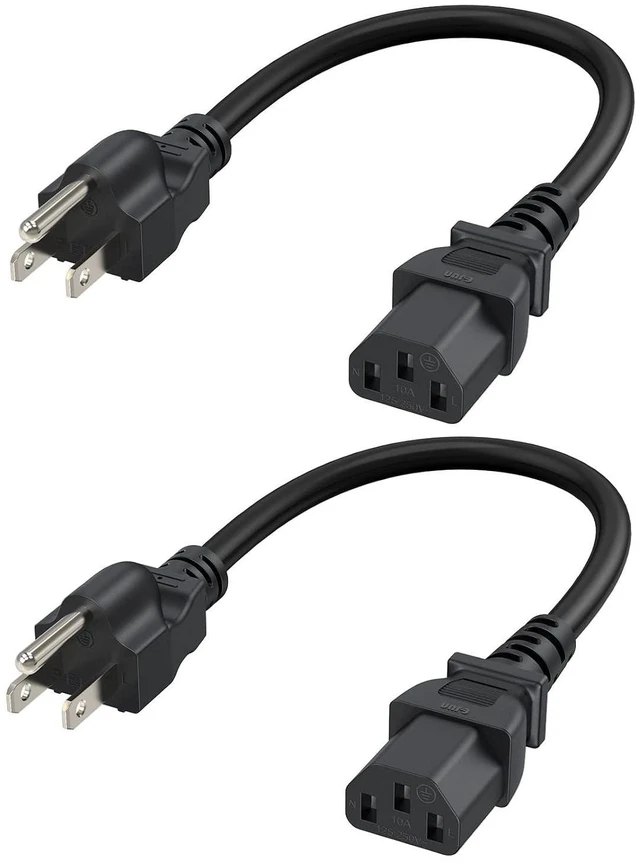 Main image of 2-Pack 1 ft 18 AWG Universal Power Cord, NEMA 5-15P to IEC320 C13 Replacement Cable, 10A 125V 3-Prong Grounded Wire for PC, Monitor, PDU, Server & UPS, 0.3M Black