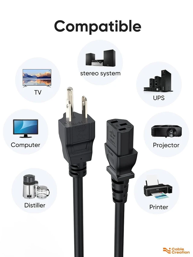 Alt view image 3 of 7 - 2-Pack 1 ft 18 AWG Universal Power Cord, NEMA 5-15P to IEC320 C13 Replacement Cable, 10A 125V 3-Prong Grounded Wire for PC, Monitor, PDU, Server & UPS, 0.3M Black