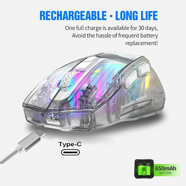 Alt view image 2 of 6 - Wireless Gaming Mouse Transparent Crystal Shell Tri Mode Connection USB Wired 2 4G Wireless Bluetooth Silent Click Buttons RGB Backlit Lighting For PC Laptop Desktop Gaming Office Work White
