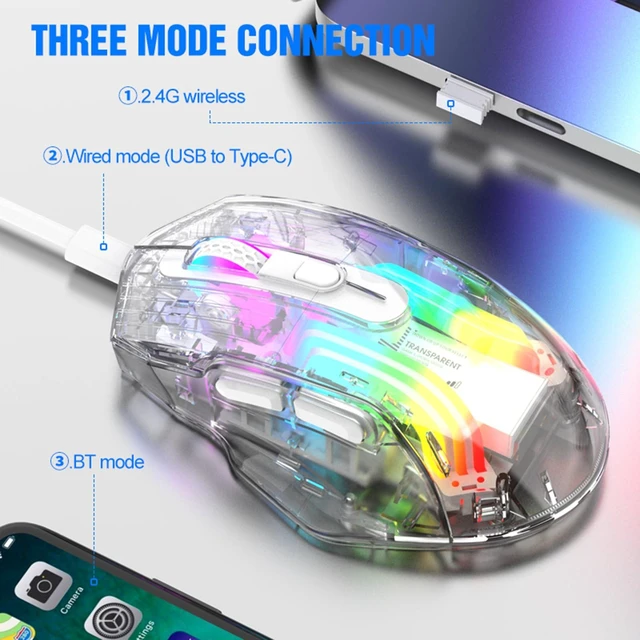 Alt view image 4 of 6 - Wireless Gaming Mouse Transparent Crystal Shell Tri Mode Connection USB Wired 2 4G Wireless Bluetooth Silent Click Buttons RGB Backlit Lighting For PC Laptop Desktop Gaming Office Work White