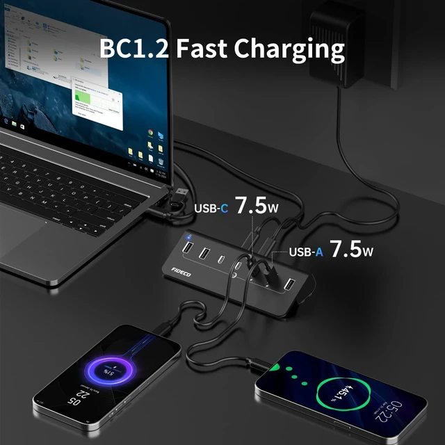 Alt view image 4 of 7 - Powered USB Hub 10Gbps Fast Data Hub Splitter Full Aluminum With External 5V 3A Power Adapter 4 USB A And 3 Type C Ports Support BC1 2 Charging For iPhone 16 15 Laptop Desktop Computer 7 Port