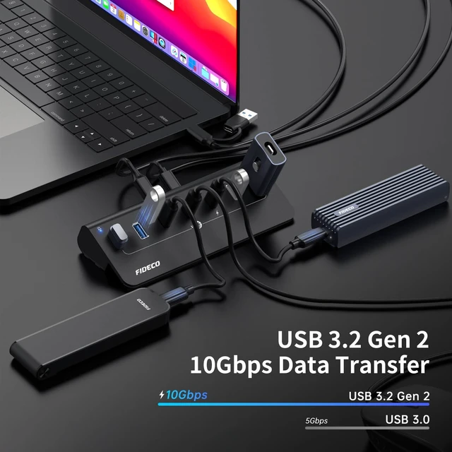 Alt view image 2 of 7 - Powered USB Hub 10Gbps Fast Data Hub Splitter Full Aluminum With External 5V 3A Power Adapter 4 USB A And 3 Type C Ports Support BC1 2 Charging For iPhone 16 15 Laptop Desktop Computer 7 Port
