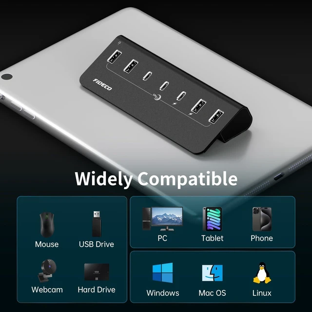 Alt view image 6 of 7 - Powered USB Hub 10Gbps Fast Data Hub Splitter Full Aluminum With External 5V 3A Power Adapter 4 USB A And 3 Type C Ports Support BC1 2 Charging For iPhone 16 15 Laptop Desktop Computer 7 Port