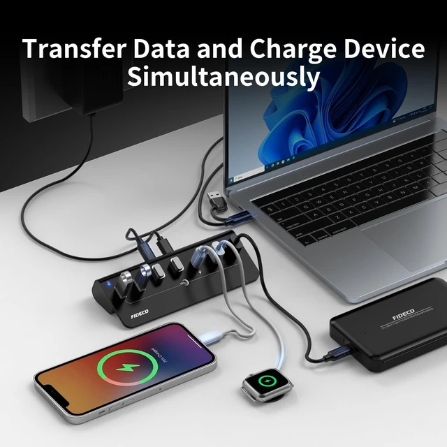 Alt view image 3 of 7 - Powered USB Hub 10Gbps Fast Data Hub Splitter Full Aluminum With External 5V 3A Power Adapter 4 USB A And 3 Type C Ports Support BC1 2 Charging For iPhone 16 15 Laptop Desktop Computer 7 Port