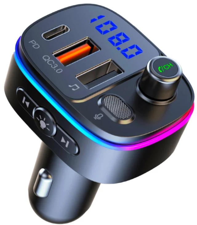 Main image of Bluetooth 5.0 FM Transmitter for Car, PD 20W Type-C & QC 3.0 Dual Fast Car Charger, Wireless Radio Audio Adapter with Bass Booster, CVC Hands-Free Mic, 7-Color LED & USB Drive Playback, 12V-24V