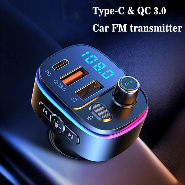 Alt view image 2 of 7 - Bluetooth 5.0 FM Transmitter for Car, PD 20W Type-C & QC 3.0 Dual Fast Car Charger, Wireless Radio Audio Adapter with Bass Booster, CVC Hands-Free Mic, 7-Color LED & USB Drive Playback, 12V-24V