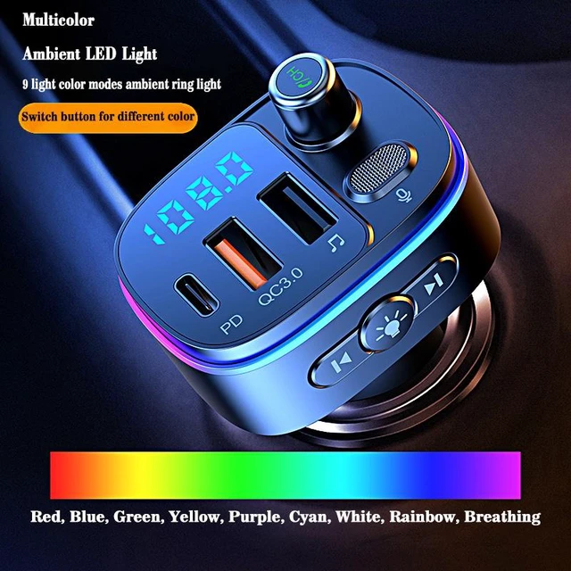 Alt view image 3 of 7 - Bluetooth 5.0 FM Transmitter for Car, PD 20W Type-C & QC 3.0 Dual Fast Car Charger, Wireless Radio Audio Adapter with Bass Booster, CVC Hands-Free Mic, 7-Color LED & USB Drive Playback, 12V-24V