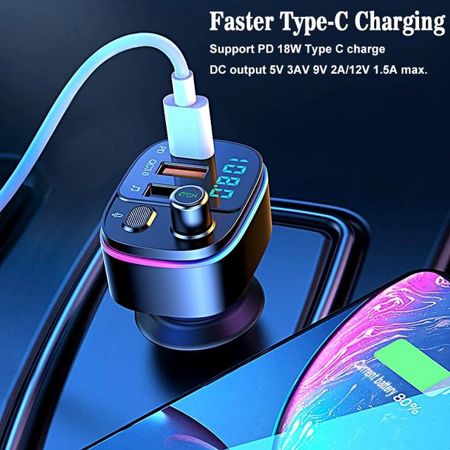 Alt view image 4 of 7 - Bluetooth 5.0 FM Transmitter for Car, PD 20W Type-C & QC 3.0 Dual Fast Car Charger, Wireless Radio Audio Adapter with Bass Booster, CVC Hands-Free Mic, 7-Color LED & USB Drive Playback, 12V-24V