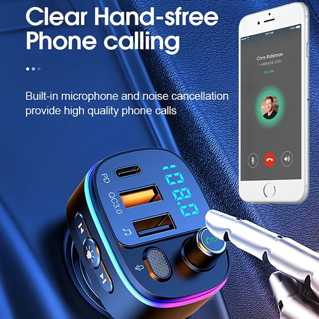 Alt view image 7 of 7 - Bluetooth 5.0 FM Transmitter for Car, PD 20W Type-C & QC 3.0 Dual Fast Car Charger, Wireless Radio Audio Adapter with Bass Booster, CVC Hands-Free Mic, 7-Color LED & USB Drive Playback, 12V-24V