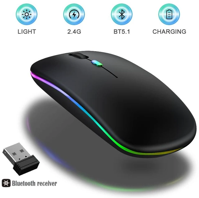 Main image of Dual-Mode Bluetooth 5.2 & 2.4GHz Wireless Mouse, Slim Rechargeable Optical Mouse with 7-Color LED Breathing Light, Silent Clicks, 3 Adjustable DPI (800/1200/1600) for Laptops, PC & Tablets, Black