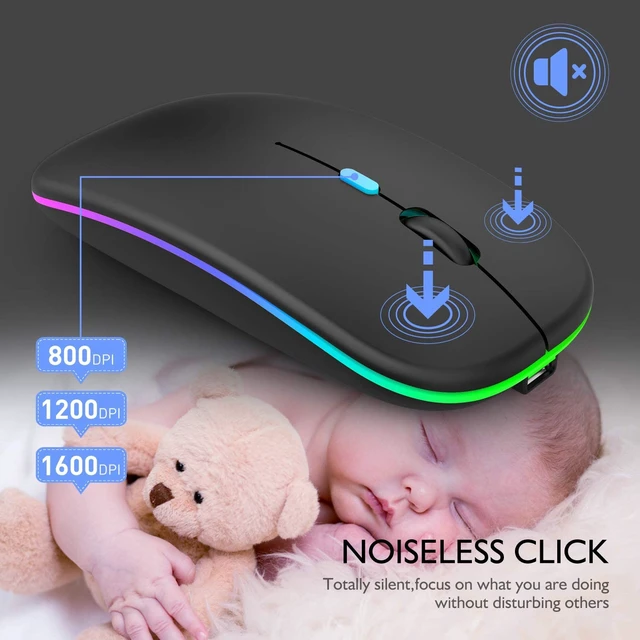 Alt view image 2 of 7 - Dual-Mode Bluetooth 5.2 & 2.4GHz Wireless Mouse, Slim Rechargeable Optical Mouse with 7-Color LED Breathing Light, Silent Clicks, 3 Adjustable DPI (800/1200/1600) for Laptops, PC & Tablets, Black