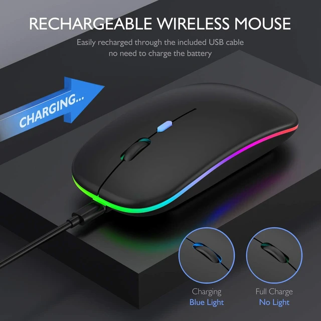Alt view image 3 of 7 - Dual-Mode Bluetooth 5.2 & 2.4GHz Wireless Mouse, Slim Rechargeable Optical Mouse with 7-Color LED Breathing Light, Silent Clicks, 3 Adjustable DPI (800/1200/1600) for Laptops, PC & Tablets, Black