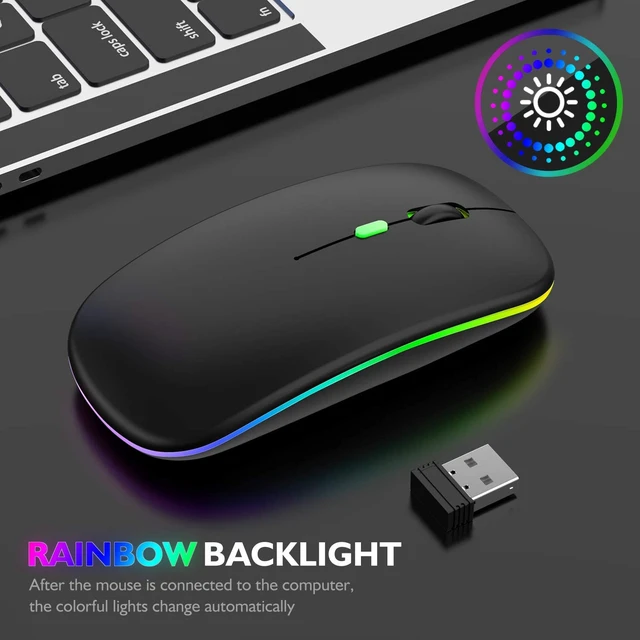 Alt view image 4 of 7 - Dual-Mode Bluetooth 5.2 & 2.4GHz Wireless Mouse, Slim Rechargeable Optical Mouse with 7-Color LED Breathing Light, Silent Clicks, 3 Adjustable DPI (800/1200/1600) for Laptops, PC & Tablets, Black