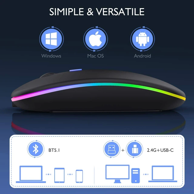 Alt view image 5 of 7 - Dual-Mode Bluetooth 5.2 & 2.4GHz Wireless Mouse, Slim Rechargeable Optical Mouse with 7-Color LED Breathing Light, Silent Clicks, 3 Adjustable DPI (800/1200/1600) for Laptops, PC & Tablets, Black