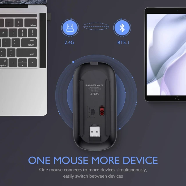 Alt view image 6 of 7 - Dual-Mode Bluetooth 5.2 & 2.4GHz Wireless Mouse, Slim Rechargeable Optical Mouse with 7-Color LED Breathing Light, Silent Clicks, 3 Adjustable DPI (800/1200/1600) for Laptops, PC & Tablets, Black