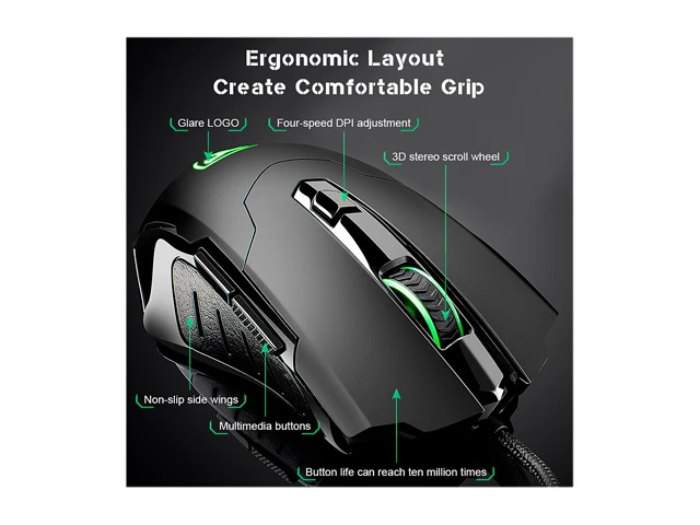 Alt view image 4 of 6 - Wired Gaming Mouse, Ergonomic Optical USB Computer Mouse with 4 Adjustable DPI (1200-3200), 7-Color RGB Breathing Backlight & 6 Responsive Buttons for PC, Laptop, Desktop Gamer, Black