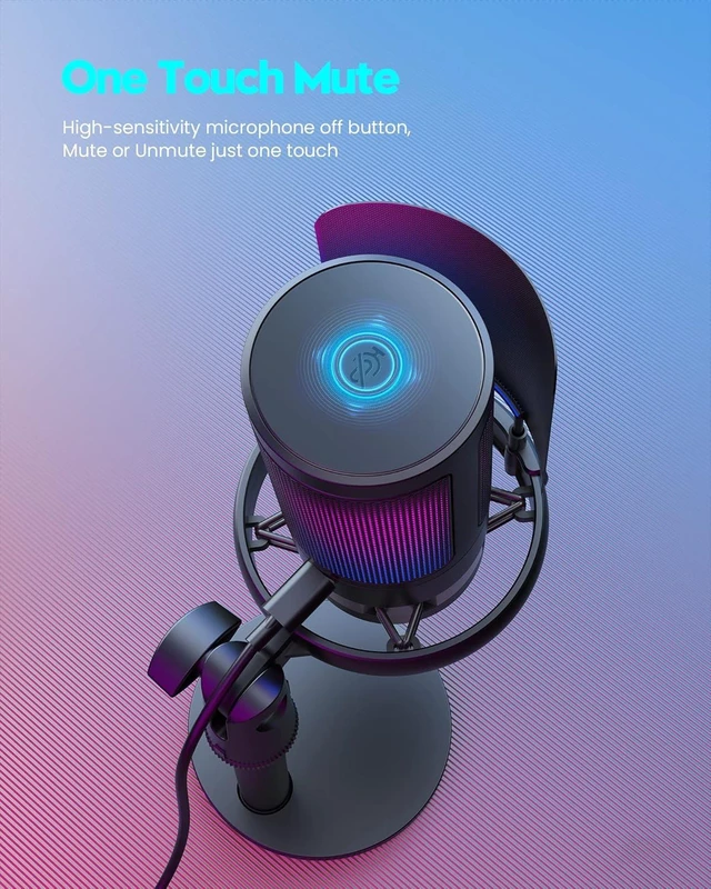 Alt view image 3 of 7 - USB Gaming Condenser Microphone Kit, Cardioid PC Streaming Mic with Tap-to-Mute, RGB Indicator, Gain Knob, Shock Mount, Pop Filter & Tripod, 192kHz/24-Bit for Desktop & Consoles