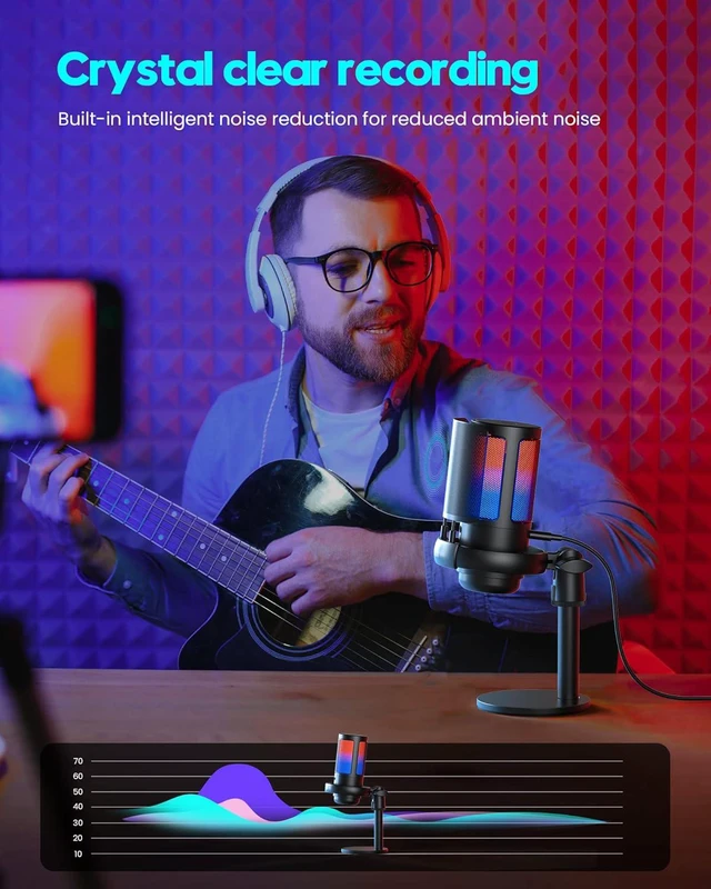 Alt view image 7 of 7 - USB Gaming Condenser Microphone Kit, Cardioid PC Streaming Mic with Tap-to-Mute, RGB Indicator, Gain Knob, Shock Mount, Pop Filter & Tripod, 192kHz/24-Bit for Desktop & Consoles