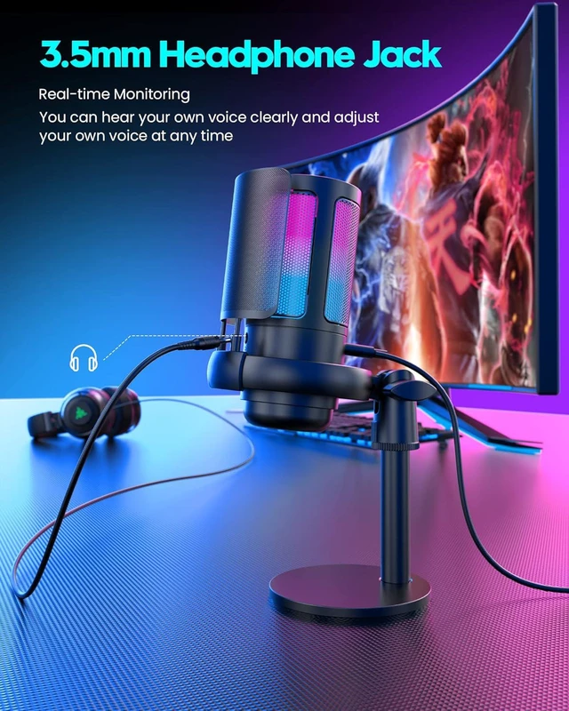 Alt view image 5 of 7 - USB Gaming Condenser Microphone Kit, Cardioid PC Streaming Mic with Tap-to-Mute, RGB Indicator, Gain Knob, Shock Mount, Pop Filter & Tripod, 192kHz/24-Bit for Desktop & Consoles