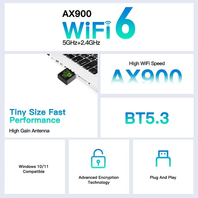 Alt view image 4 of 7 - AX900 USB WiFi 6 Adapter External Wireless Network Card Dongle With Bluetooth 5 3 Dual Band 2 4GHz 5GHz Up To 900Mbps High Speed IEEE 802 11ax Receiver For Laptop Desktop PC Windows 11 10 OS