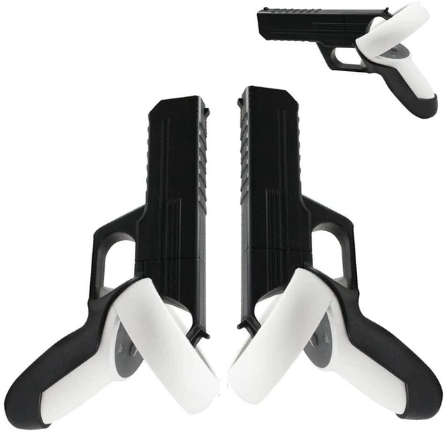 Main image of 2-Pack VR Pistol Grips for Quest 2 Controllers, Handgun Gunstock Attachments with Sensor Tracking Clearance & Secure Snap-On Lock for FPS Shooting Games, Matte Black
