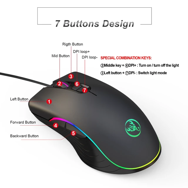 Alt view image 5 of 7 - Wired RGB Gaming Mouse, Ergonomic Optical USB Mouse with 6400 DPI Sensor, 7 Programmable Macro Buttons & Dynamic Chroma Backlight for PC, Laptop, Gamer Workstation