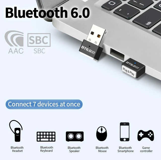 Alt view image 2 of 7 - USB Bluetooth 6.0 Adapter for PC, Long Range (66ft/20m) Nano Dongle Receiver & Transmitter, Supports 7 Devices Simultaneously, Driver-Free for Windows 11/10/8.1 Desktop & Laptop