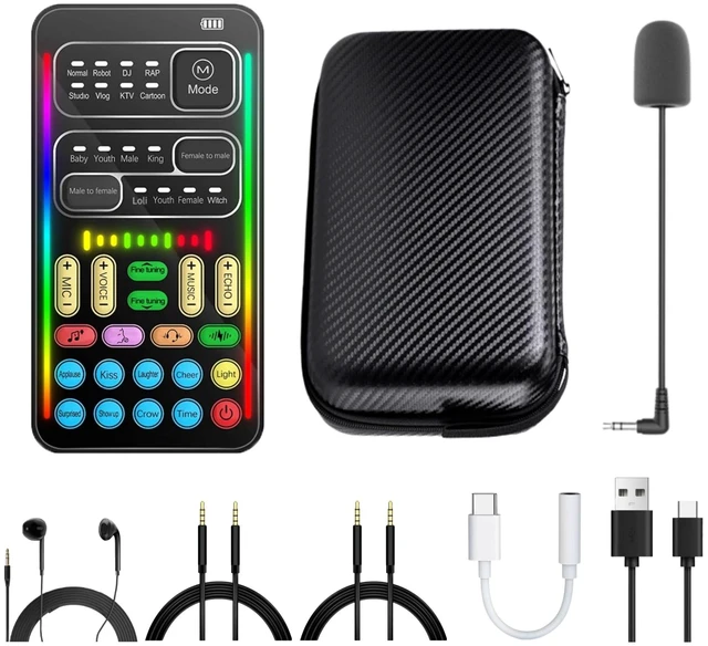 Main image of Portable Real-Time Voice Changer Sound Card, 8 Voice Changing Effects with Fine-Tuning Pitch, Handheld Audio Disguiser with Mic, Earphone & Audio Cables for PC, Phones & Gaming Consoles