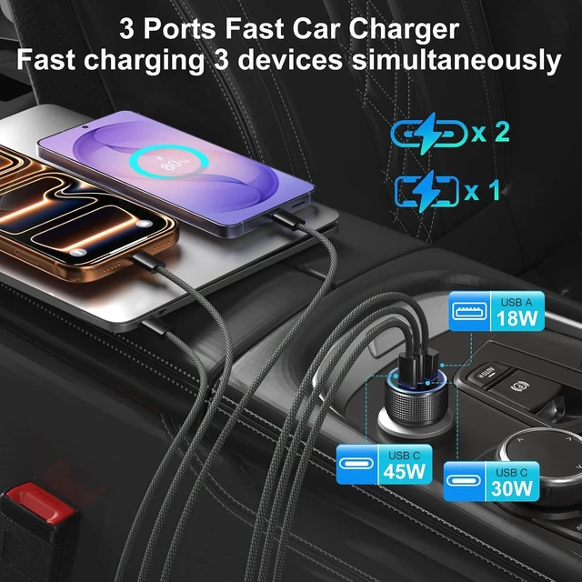 Alt view image 4 of 7 - 93W 3-Port USB-C Fast Car Charger, PD 45W & PD 30W Dual Type-C + QC 18W USB-A Cigarette Lighter Adapter, 12V-24V High-Power Car Phone Charger for Laptops, Tablets & Phones