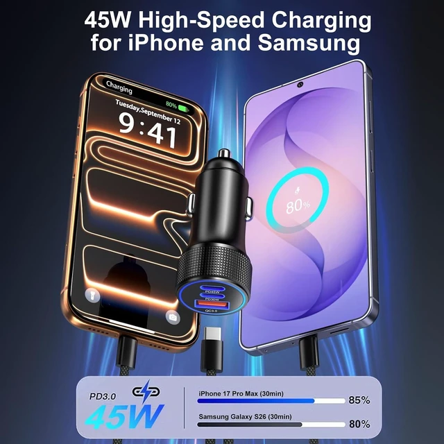 Alt view image 3 of 7 - 93W 3-Port USB-C Fast Car Charger, PD 45W & PD 30W Dual Type-C + QC 18W USB-A Cigarette Lighter Adapter, 12V-24V High-Power Car Phone Charger for Laptops, Tablets & Phones