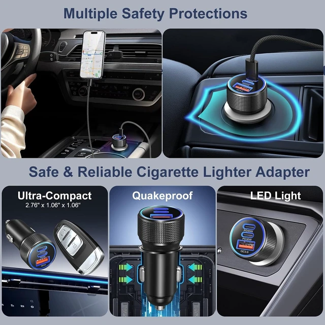Alt view image 5 of 7 - 93W 3-Port USB-C Fast Car Charger, PD 45W & PD 30W Dual Type-C + QC 18W USB-A Cigarette Lighter Adapter, 12V-24V High-Power Car Phone Charger for Laptops, Tablets & Phones