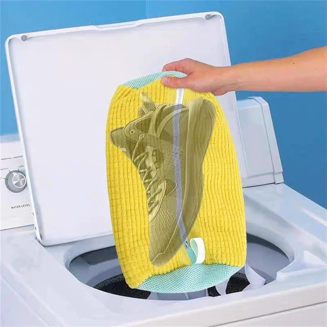 Alt view image 3 of 7 - 2-Pack Mesh Shoe Laundry Bag for Washing Machine, Honeycomb Thickened Sneaker Wash Bag with Auto-Lock Zipper & Elastic Guard, Reusable Protector for Shoes up to Men's Size 12