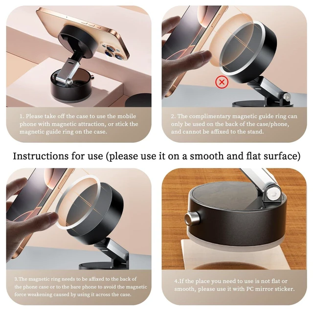 Alt view image 3 of 7 - Vacuum Magnetic Phone Holder Suction Cup Mount Foldable 360 Degree Adjustable Mobile Phone Stand Dock Cradle Alignment Base Lock Grip Hands Free for Universal Smartphone Gym Kitchen Car Desktop