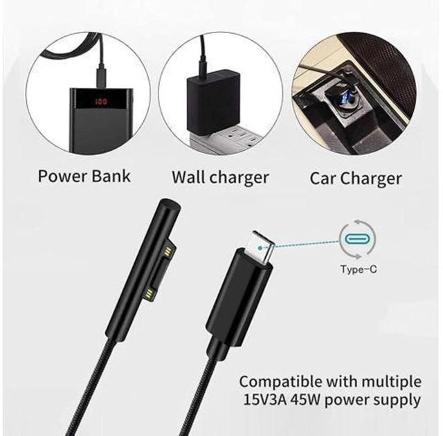 Alt view image 4 of 7 - USB-C to Surface Connect Charging Adapter (Requires 15V/3A 45W+ PD Charger), Type-C Fast Charge Cable for Surface Pro, Go & Laptop