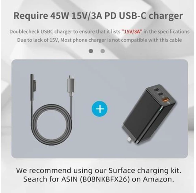 Alt view image 5 of 7 - USB-C to Surface Connect Charging Adapter (Requires 15V/3A 45W+ PD Charger), Type-C Fast Charge Cable for Surface Pro, Go & Laptop