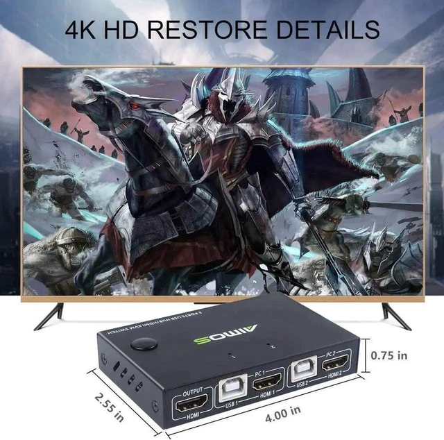 Alt view image 7 of 7 - 2-Port HDMI KVM Switch Box (2 Computers to 1 Monitor), 4K@30Hz USB & Video Switcher with 4 USB Hubs for Sharing Keyboard & Mouse