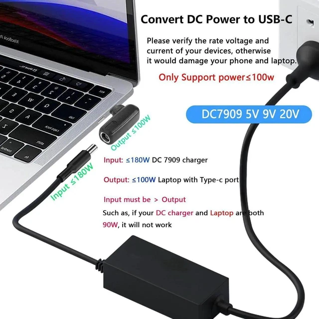 Alt view image 5 of 7 - 100W PD Charging Adapter, DC 7909 (7.9x0.9mm) Female to USB-C Male Connector with Built-in PD Smart Chip for Laptops, Tablets & Phones