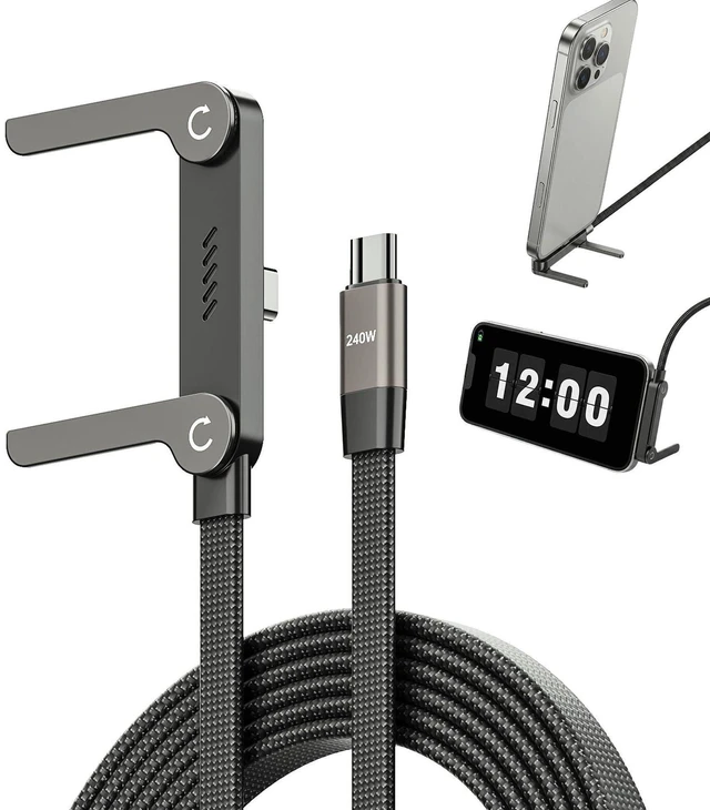 Main image of 240W USB C to Type C Ultra Fast Charging Cable Flat 90 Degree Right Angle Plug T Shaped Multi Functional Cord Invisible Foldable Stand Power Delivery for Mobile Phone Tablet Desktop PC Laptop Gaming