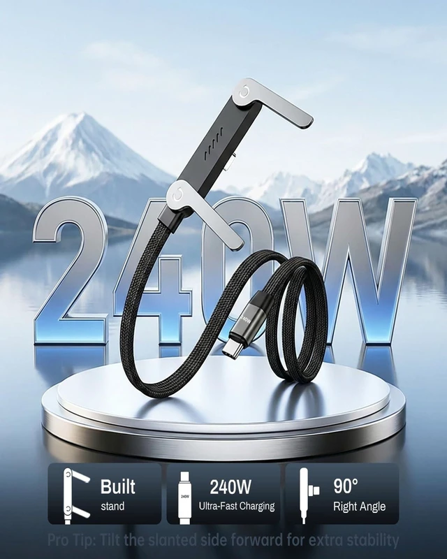 Alt view image 2 of 7 - 240W USB C to Type C Ultra Fast Charging Cable Flat 90 Degree Right Angle Plug T Shaped Multi Functional Cord Invisible Foldable Stand Power Delivery for Mobile Phone Tablet Desktop PC Laptop Gaming