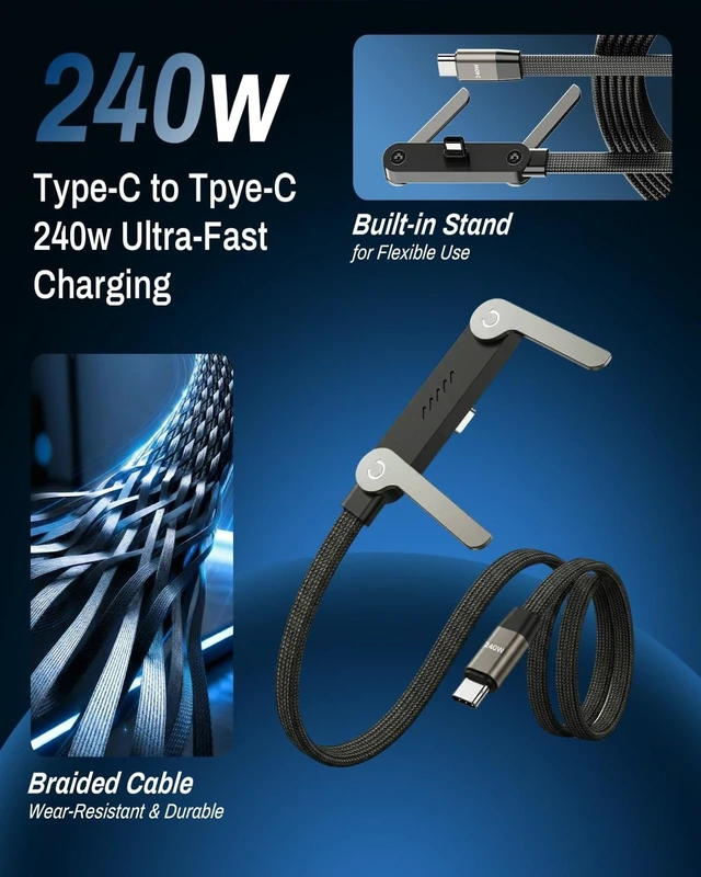 Alt view image 3 of 7 - 240W USB C to Type C Ultra Fast Charging Cable Flat 90 Degree Right Angle Plug T Shaped Multi Functional Cord Invisible Foldable Stand Power Delivery for Mobile Phone Tablet Desktop PC Laptop Gaming