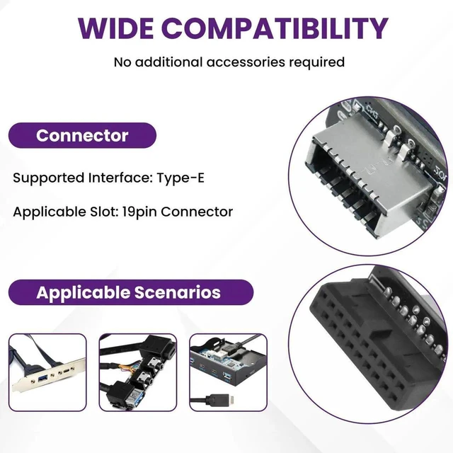 Alt view image 3 of 7 - Motherboard 19 Pin to Type E Adapter USB 3.0 3.2 Gen 2 Vertical Converter Internal Expansion Socket 10Gbps Type C Receptacle Port Extension Board for PC Desktop Computer Chassis Front Panel Setu