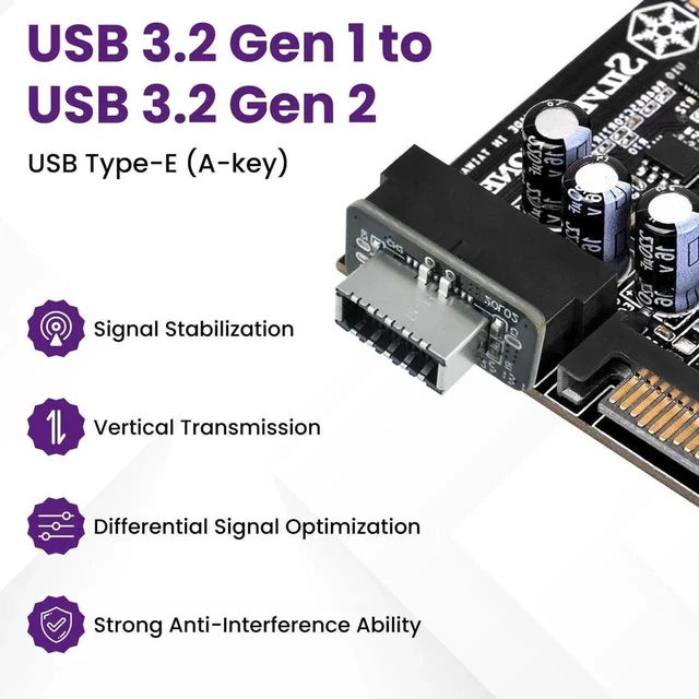 Alt view image 7 of 7 - Motherboard 19 Pin to Type E Adapter USB 3.0 3.2 Gen 2 Vertical Converter Internal Expansion Socket 10Gbps Type C Receptacle Port Extension Board for PC Desktop Computer Chassis Front Panel Setu