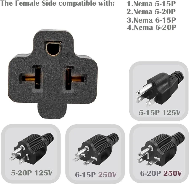 Alt view image 3 of 4 - Heavy Duty 4 in 1 NEMA 5-15P to 5-15R 5-20R 6-15R 6-20R Adapter Cable 12AWG 15A 125V AC Power Plug 20 Amp T Blade Extension Cord for Household Appliance Garage Generator Welder EV Charger