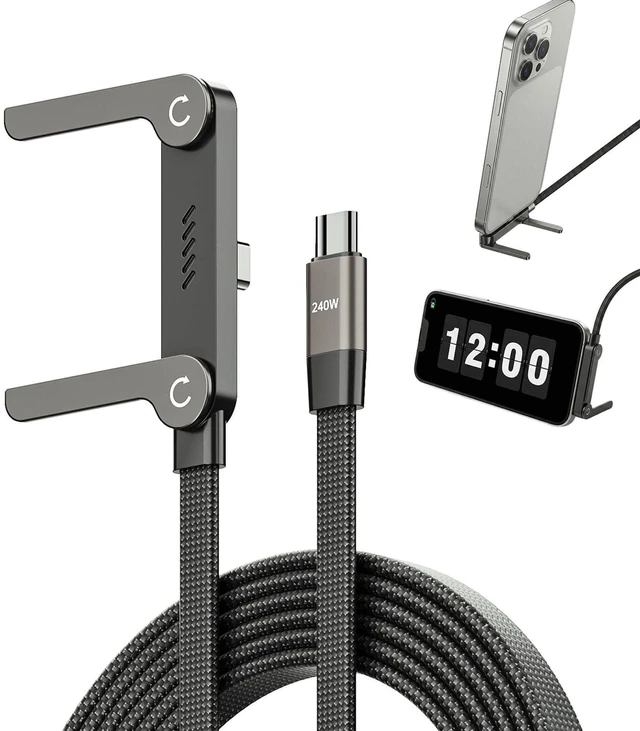 Main image of USB-C to USB-C Cable - 240W PD 3.1 Fast Charging, 90-Degree Right Angle with Invisible Kickstand, Flat Cord, 5 Ft (1.5m), Black