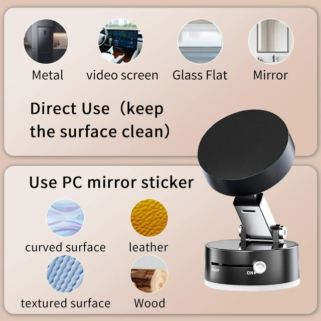 Alt view image 2 of 7 - Vacuum Magnetic Phone Mount - Heavy-Duty Suction Holder, Foldable Arm & 360° Rotation, Universal for Car/Desk/Wall, Black