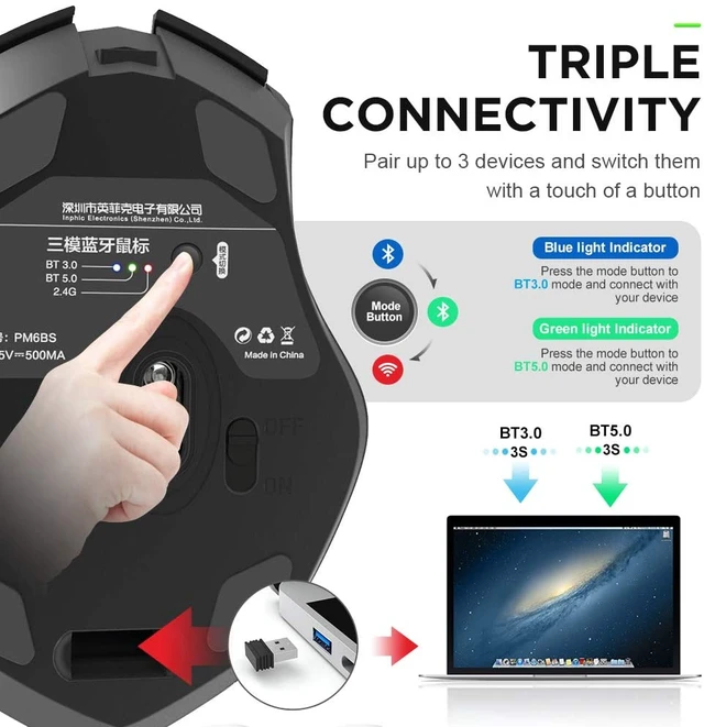 Alt view image 7 of 7 - VIDVIE Ergonomic Optical Gaming Mouse Bluetooth 2.4GHz Wireless Computer Mice 4000DPI USB Receiver Dual Mode Connection Cordless Peripheral Equipment Suitable for Laptop PC Office Work System